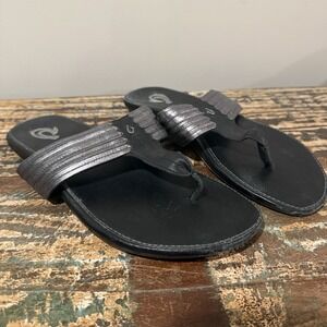 Olukai Womens MAHINA Natural Black Leather Silver Flip Flop Sandals Size 9 Thong